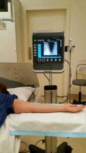 Ultrasound for upper arm vein assessment. Credit: Rebecca Sharp