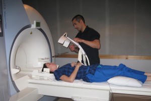 James Elliot with patient pre-MRI scan. The scan will measure the amount of visible fat within muscles of the neck